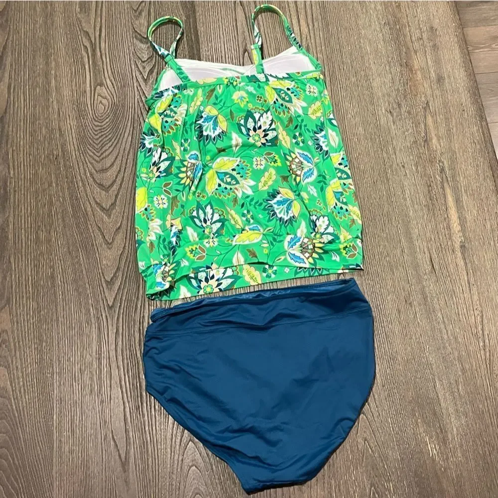 Lands End Bathing Suit Tankini Floral Tank Padded Green Navy Blue Size 4/6